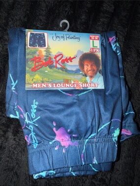 Bob Ross Men's Navy Lounge Shorts - Paint Splash Print-free socks 🧦 & Candle 🕯️
